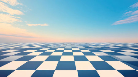 A captivating chessboard landscape stretches infinitely toward a serene horizon, merging a checkered floor design with a bright blue sky and fluffy clouds.の素材