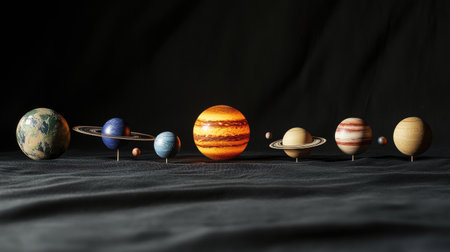 Creative display of solar system model with planets arranged. Each planet showcases unique characteristics and colors, perfect for educational purposes and science projects.の素材