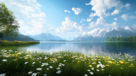 A tranquil lake surrounded by stunning mountains and blooming flowers creates a peaceful nature scene, perfect for relaxation and inspiration.の素材