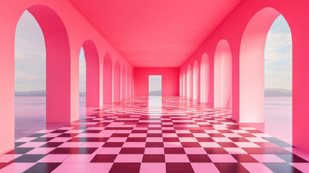 A vibrant pink room featuring arched windows and a striking checkered floor, creating a surreal and artistic space ideal for modern design projects.の素材