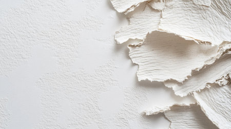 A closeup image showcasing a textured white surface with peeling layers of paper. The minimal and clean aesthetic makes it perfect for backgrounds or design projects.の素材