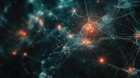 Stunning abstract representation of digital connections featuring glowing nodes and intricate patterns, perfect for illustrating technology and communication themes.の素材