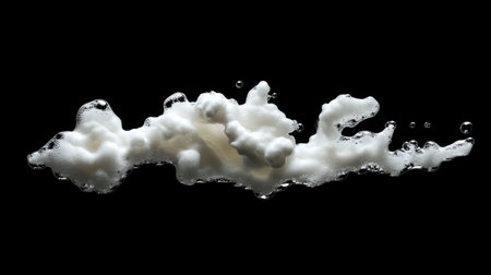 A dramatic image of white foam and bubbles against a black background, ideal for creating abstract visuals, adding texture, and conveying freshness.の素材