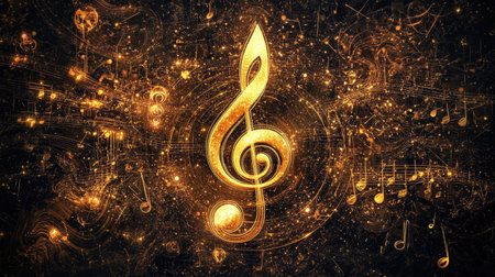 A stunning golden music note surrounded by a sparkling, abstract background, symbolizing creativity and the joy of music in a vibrant and artistic way.の素材