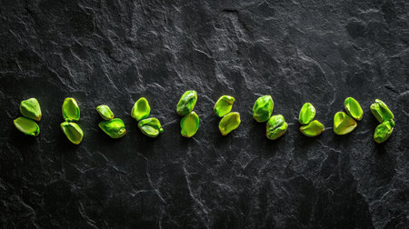 Vibrant green pistachios arranged on a dark stone surface. Perfect for illustrating healthy snacks, natural ingredients, or culinary themes.の素材