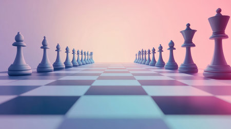 An artistic representation of a chess game featuring white pieces on a colorful background, symbolizing strategy and competition in a thoughtful setting.の素材