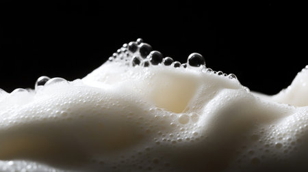 Close-up view of bubbles and foam on a dark background, showcasing the smooth and airy texture of liquid. Perfect for artistic and commercial use.の素材