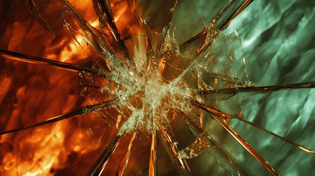 This abstract image features shattered glass with vibrant orange and teal reflections, creating a dynamic and visually striking composition full of texture and energy.の素材