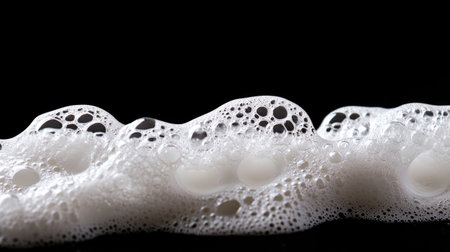 Close-up view of delicate white bubbles and foam against a black background, highlighting intricate patterns and textures for an abstract feel.の素材