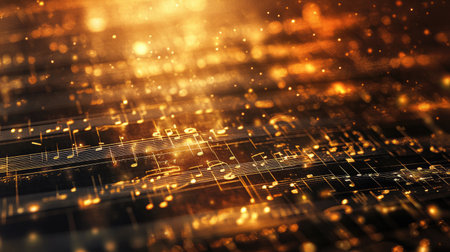 A stunning abstract background featuring music notes illuminated by golden light effects, ideal for creative projects, music themes, and artistic designs.の素材