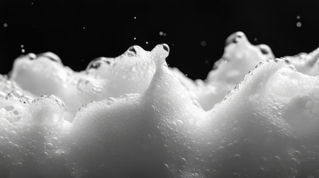 Captivating close-up of soft foam and bubbles creating an abstract texture against a dark background, evoking a sense of cleanliness and freshness.の素材