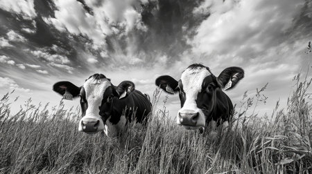 Two cows stand in a grassy field under a dramatic sky. The image captures the calm beauty of rural life in monochrome, conveying tranquility and nature.の素材