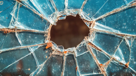 A captivating image of broken glass showcasing sharp edges and a central hole. This photo emphasizes themes of fragility, damage, and chaos, ideal for various creative projects.の素材