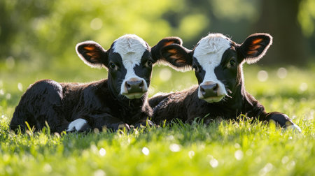 Two young calves lounging in a vibrant green meadow under the sun, showcasing innocence and tranquility in a picturesque rural setting.の素材