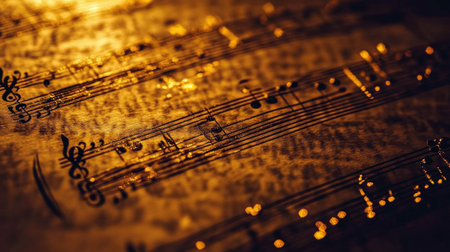 Close-up view of glowing music notes on vintage sheet music, showcasing intricate details of melody and rhythm. An artistic representation of sound and creativity.の素材