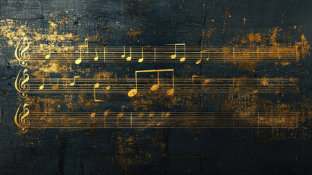 This striking image features golden music notes and a staff on a dark textured background, creating a perfect blend of elegance and artistic flair for music-related projects.の素材