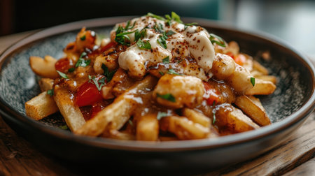 A close-up view of delicious poutine featuring crispy fries topped with rich gravy, cheese curds, and fresh ingredients for an appetizing meal.の素材