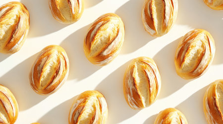 This image showcases an array of freshly baked bread loaves, highlighting their golden crust and inviting texture, perfect for culinary inspiration or bakery promotions.の素材