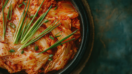 A beautifully decorated bowl of kimchi featuring vibrant colors and fresh green onions, perfect for showcasing the essence of Korean cuisine and healthy eating.の素材