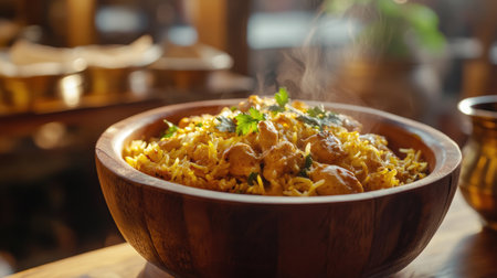 A rustic wooden bowl brimming with fragrant biryani, featuring tender chicken and vibrant herbs. Captures warmth and culinary culture in every detail.の素材