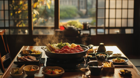 Experience a traditional Japanese shabu shabu meal, featuring a beautifully arranged table with fresh ingredients, steaming broth, and an inviting atmosphere perfect for sharing.の素材