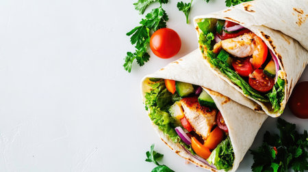 This vibrant chicken wrap is filled with fresh vegetables and herbs, making it a perfect healthy meal. Ideal for lunch or a quick snack. Enjoy!の素材