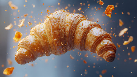 A stunning close-up of a croissant breaking apart in mid-air, capturing the dynamic motion and texture of this delicious pastry against a blurred background.の素材
