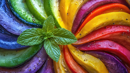 A stunning close-up view of a vibrant vegetable arrangement featuring slices of various colors, topped with fresh mint leaves, perfect for showcasing creativity in cooking.の素材