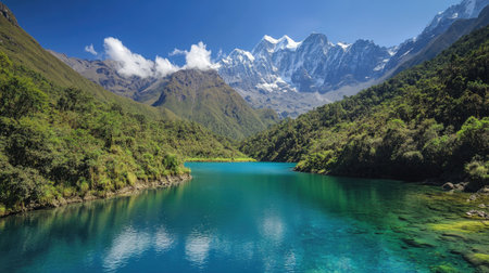 A stunning view of a tranquil lagoon surrounded by majestic mountains and lush greenery. Perfect for nature lovers and travel enthusiasts.の素材