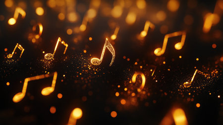 A mesmerizing abstract image featuring golden musical notes surrounded by sparkling particles, creating a festive and harmonious atmosphere for music lovers.の素材