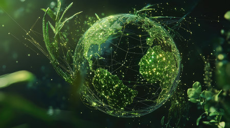 A stunning digital representation of the Earth showcasing a green network that symbolizes nature's interconnectedness. Emphasizes sustainability and innovation.の素材