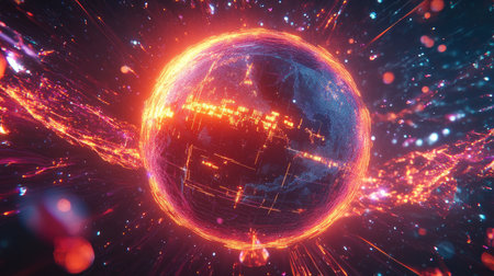 A vibrant abstract digital planet surrounded by glowing light effects and dynamic particles. Ideal for technology, science, and cosmic themes.の素材