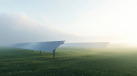 A tranquil solar panel field surrounded by morning fog. The peaceful landscape captures the essence of clean energy and sustainability in a rural setting.の素材
