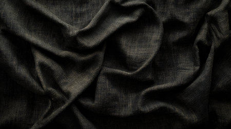 A high-quality image of dark textured fabric, showcasing intricate folds and patterns. Ideal for design projects, wallpapers, and artistic displays.の素材