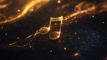 A captivating golden music note sparkles against a dark textured background, showcasing an elegant design perfect for themes of creativity, melody, and celebration.の素材