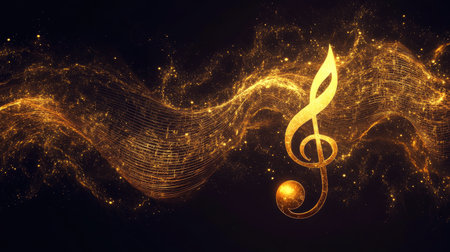 A stunning golden musical note emerges from swirling waves of light and sparkle, creating an elegant and captivating visual that symbolizes music and creativity.の素材