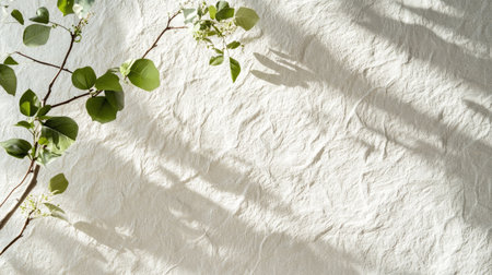 A serene composition featuring delicate green leaves casting gentle shadows on a textured white surface. This image embodies natural beauty and minimalism.の素材