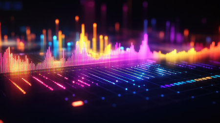 A stunning abstract representation of vibrant sound waves depicted in vivid colors. This digital artwork symbolizes energy and motion in modern technology.の素材