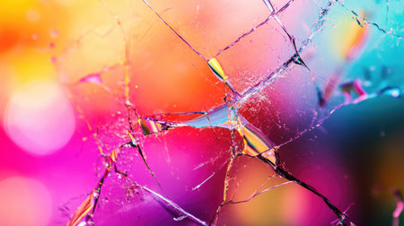 A striking image of broken glass against a vibrant, colorful background. The interplay of light and shadow creates a striking effect, enhancing the artistic feel.の素材