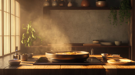 This image showcases a cozy hotpot dining setup, featuring a steaming pot surrounded by fresh ingredients and aromatic sauces, creating an inviting culinary experience.の素材