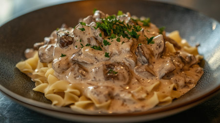 Enjoy a generous serving of creamy beef and mushroom sauce over pasta, garnished with fresh herbs. A perfect comfort food for any occasion.の素材