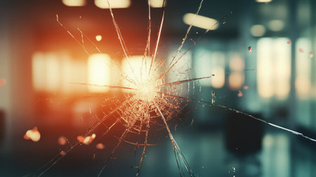 A captivating image featuring broken glass illuminated by warm light, creating a dramatic effect in a modern office space. Ideal for creative projects.の素材