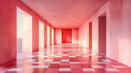 A vibrant minimalist interior featuring bright pink walls and a tiled floor. The spacious room exudes warmth and creativity, perfect for modern design inspiration.の素材