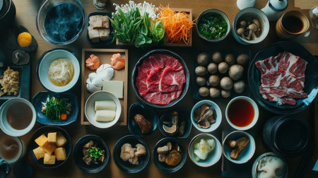 A vibrant spread of shabu shabu ingredients beautifully arranged on a table, showcasing fresh vegetables, premium meats, and assorted mushrooms, perfect for an enjoyable dining experience.の素材
