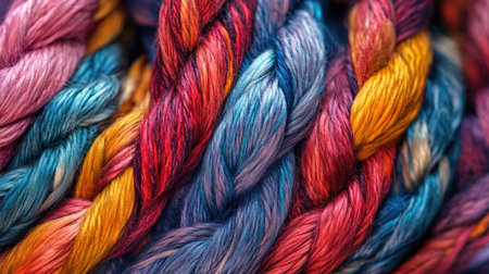 Explore a vibrant close-up image showcasing the intricate details of colorful natural fiber rope. The vivid strands create a visually striking texture.の素材