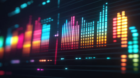 Vibrant sound wave visualization showcasing colorful audio patterns on a dark background, perfect for music and technology themes.の素材