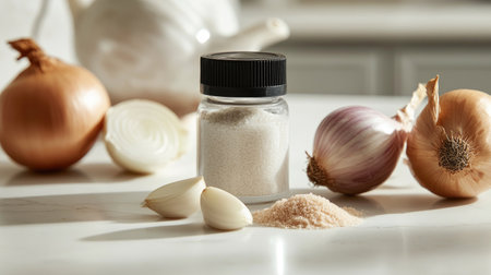 Captivating close-up shot featuring fresh onions and garlic alongside a jar of seasoning. Ideal for culinary and food-related content.の素材
