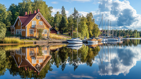 A picturesque marina in Finland showcases colorful sailboats and a charming wooden cottage. The serene water reflects a beautiful sky with fluffy clouds, creating a peaceful scene.の素材