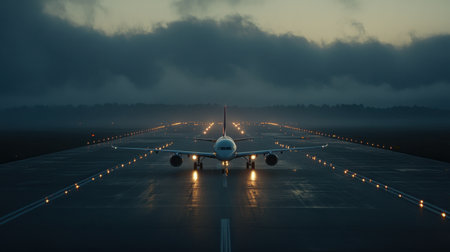 An airplane taxiing on the runway during twilight, surrounded by clouds and fog. The scene captures the essence of modern aviation and travel.の素材
