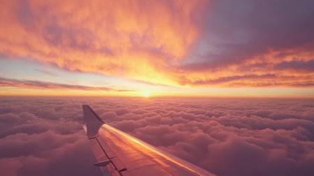 Experience a breathtaking sunset scene viewed from an airplane window, showcasing vibrant colors over soft clouds at twilight, capturing the essence of travel.の素材